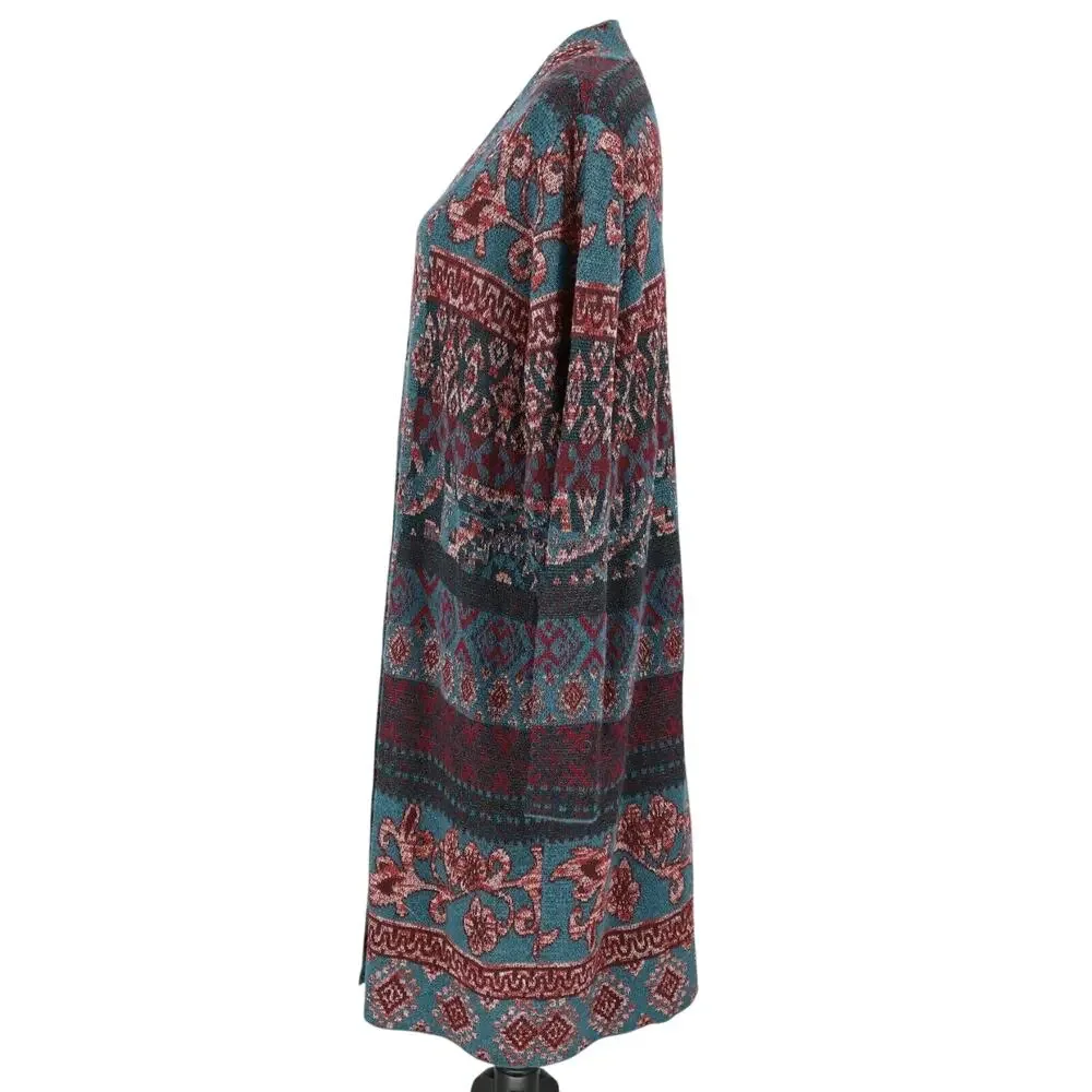 Chicos Sweater 2 Womens Large Green Burgundy Floral Long Cardigan Duster Open